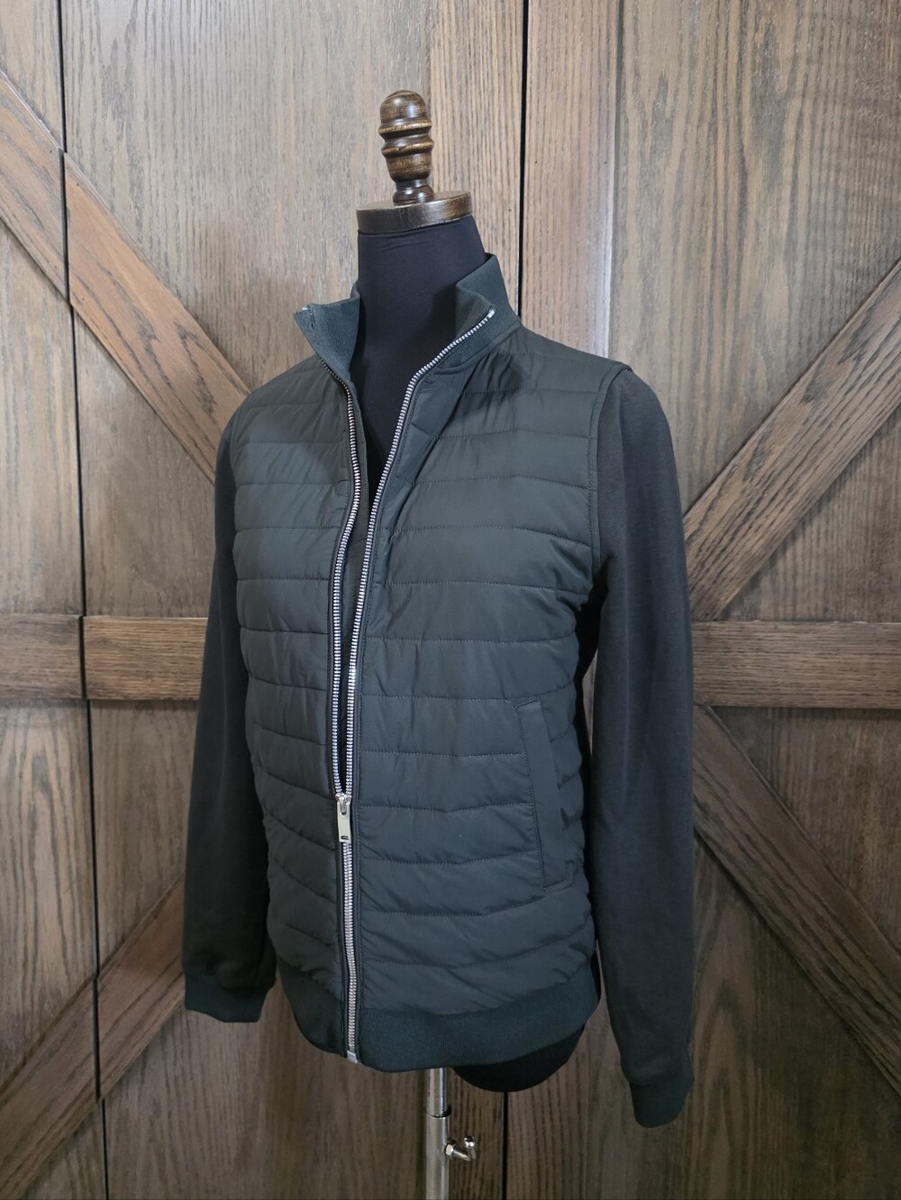 Reiss Dark Green Quilted Puffer Jacket with Knit Sleeves